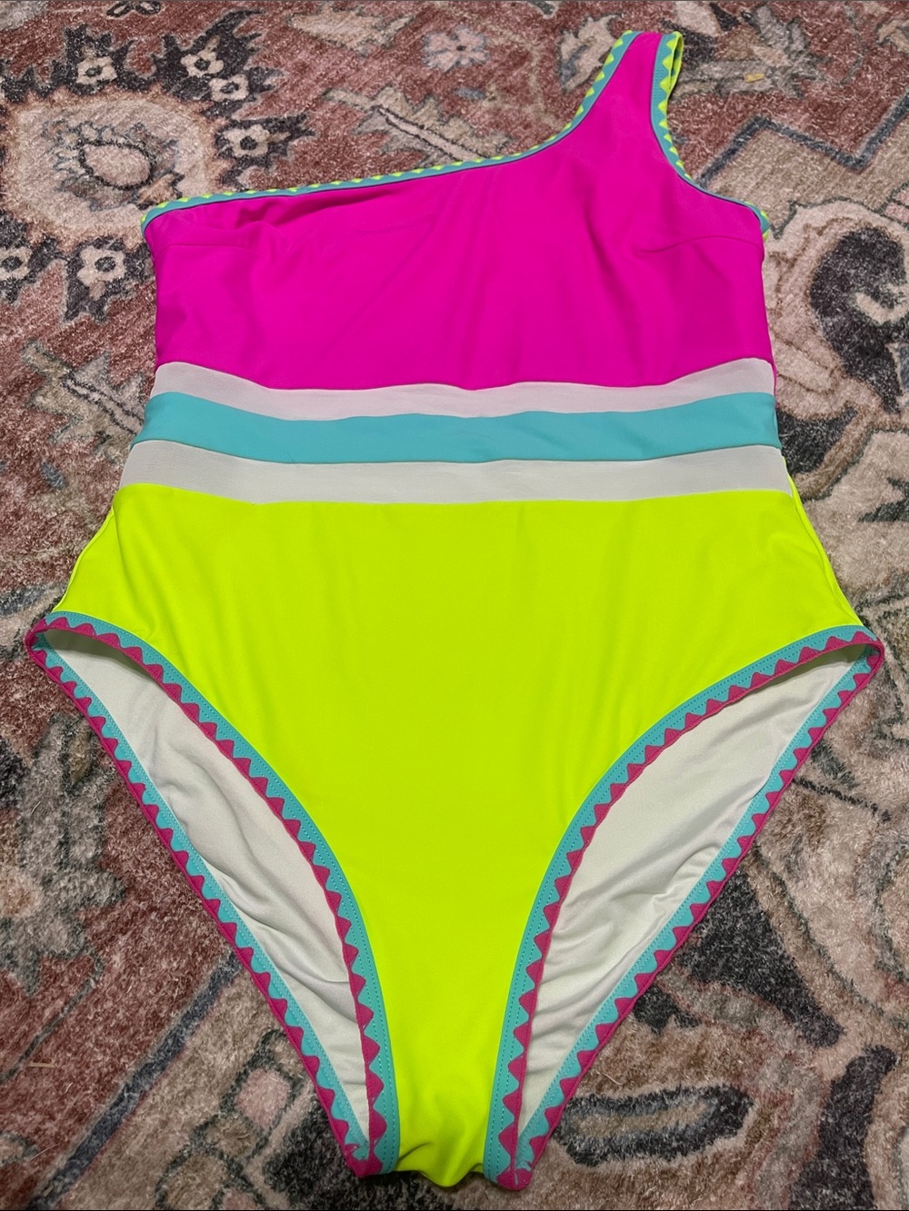 Popvil One-Shoulder Neon Yellow & Hot Pink Colorblock One-Piece Swimsuit